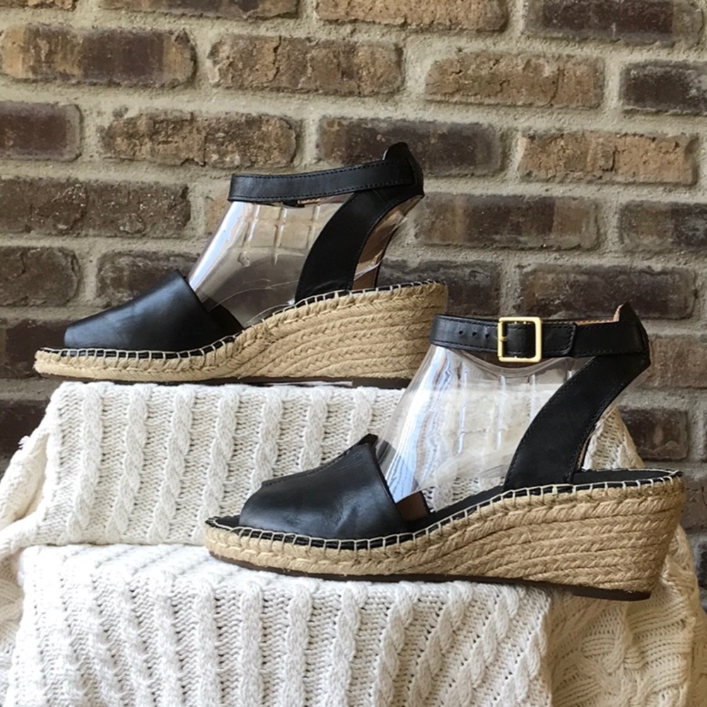 Clarks Black Leather Espadrille Wedge Sandals